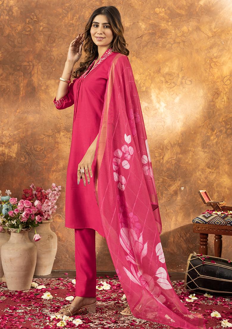 Pink Embroidered Silk Salwar Kameez Set With Dupatta - Indya