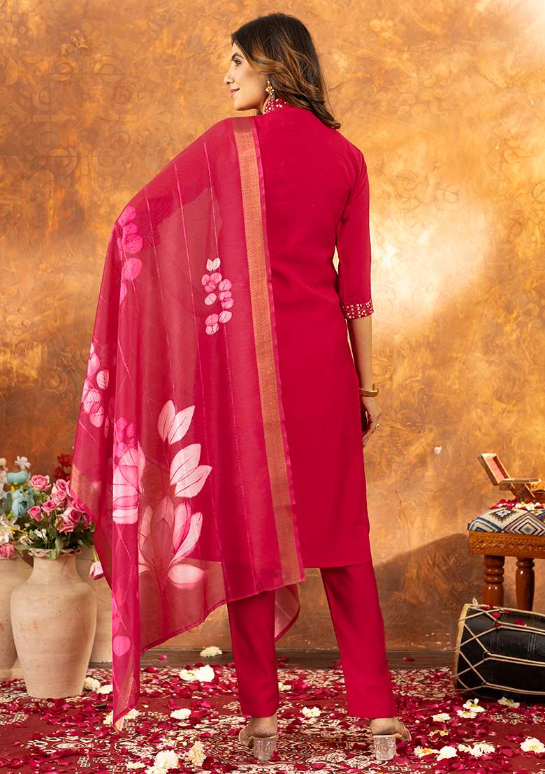 Pink Embroidered Silk Salwar Kameez Set With Dupatta - Indya