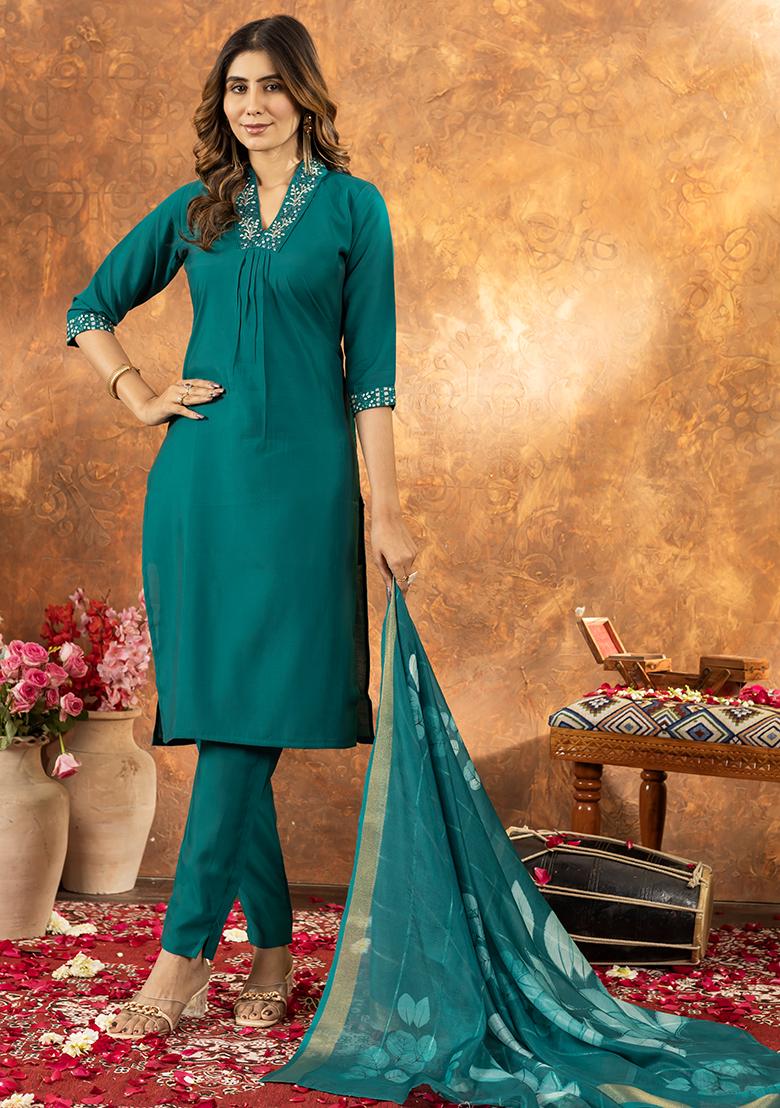 Green Embroidered Silk Salwar Kameez Set With Dupatta