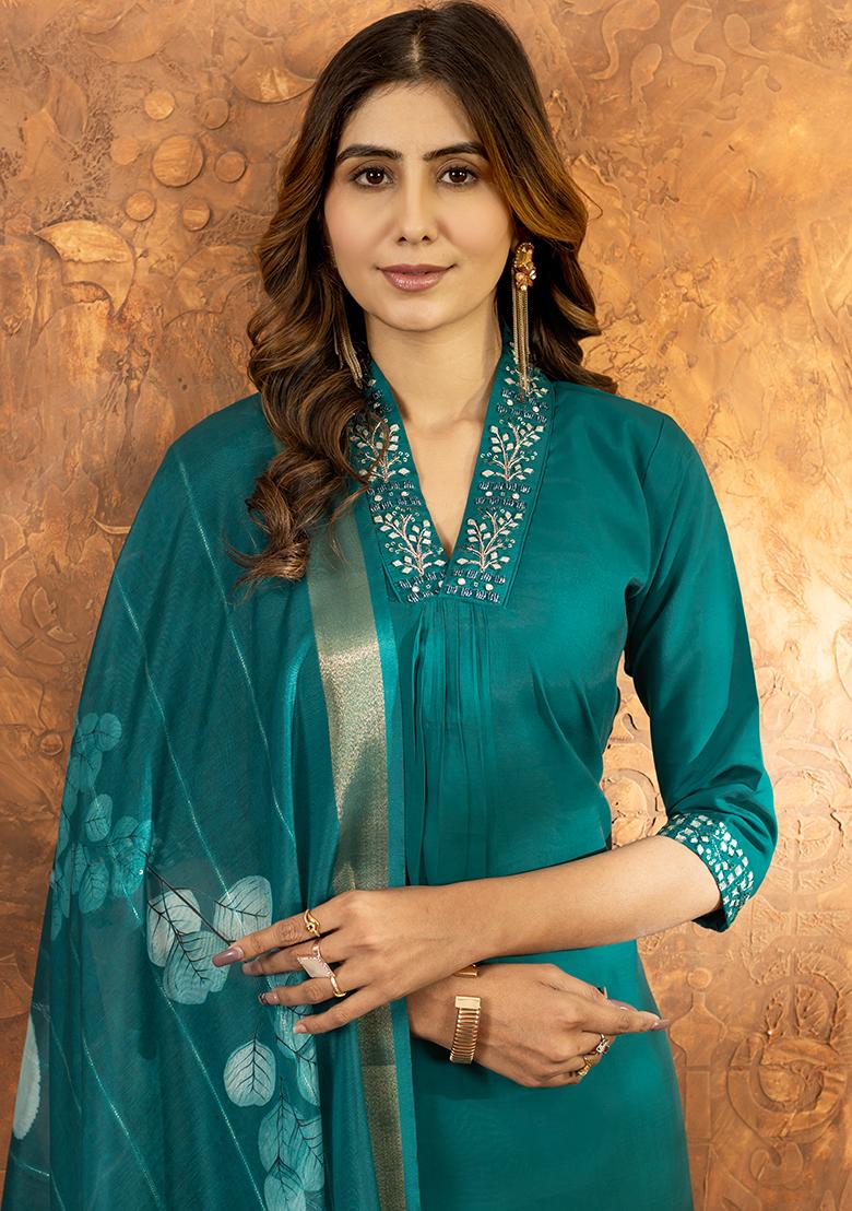 Green Embroidered Silk Salwar Kameez Set With Dupatta