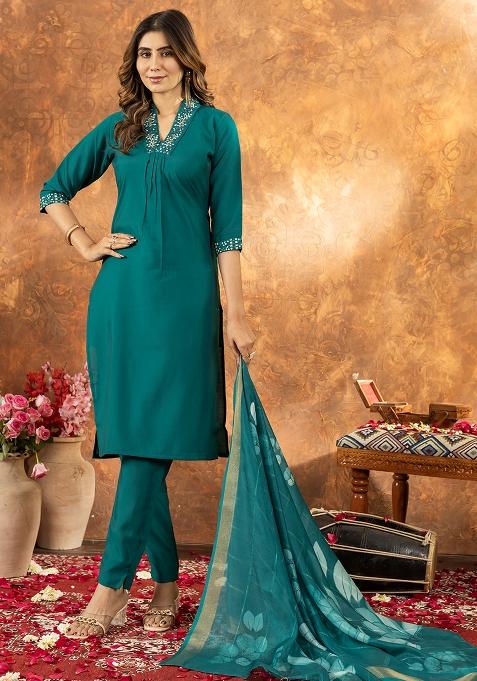 Green Embroidered Silk Salwar Kameez Set With Dupatta