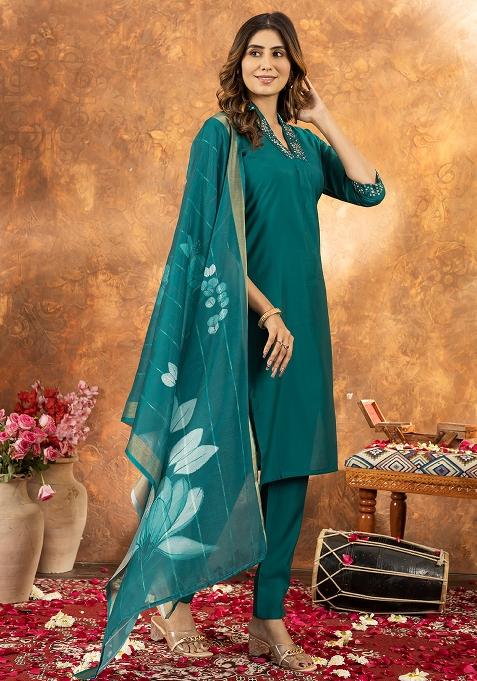 Green Embroidered Silk Salwar Kameez Set With Dupatta