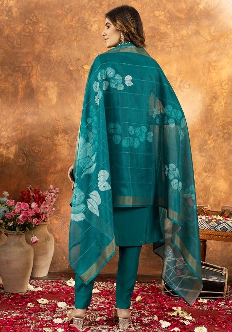 Green Embroidered Silk Salwar Kameez Set With Dupatta