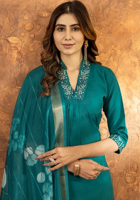 Green Embroidered Silk Salwar Kameez Set With Dupatta