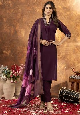 Wine Embroidered Silk Salwar Kameez Set With Dupatta