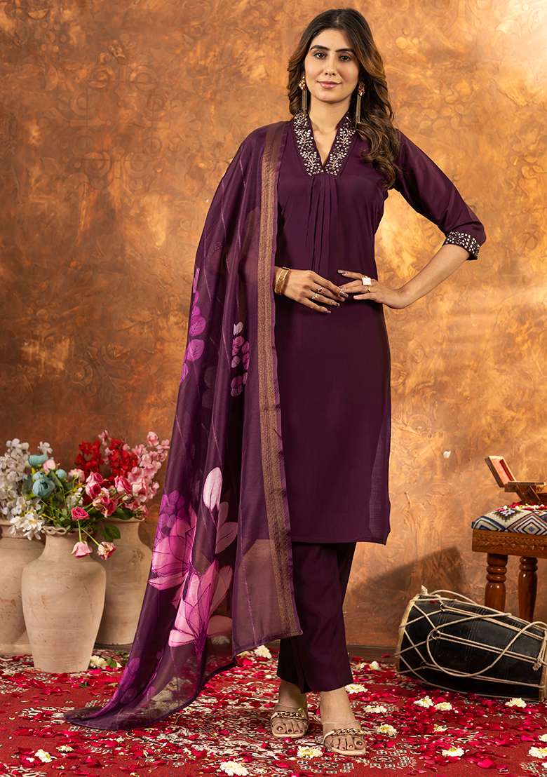 Wine Embroidered Silk Salwar Kameez Set With Dupatta - Indya