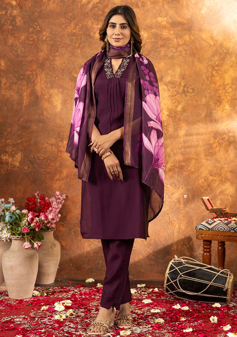 Wine Embroidered Silk Salwar Kameez Set With Dupatta - Indya