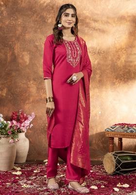 Pink Embroidered Silk Salwar Kameez Set With Dupatta