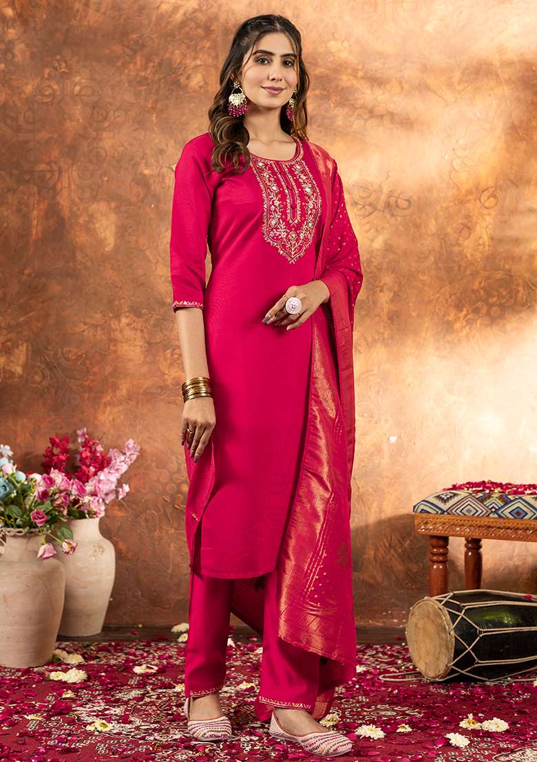 Pink Embroidered Silk Blend Straight Kurta Set - Indya