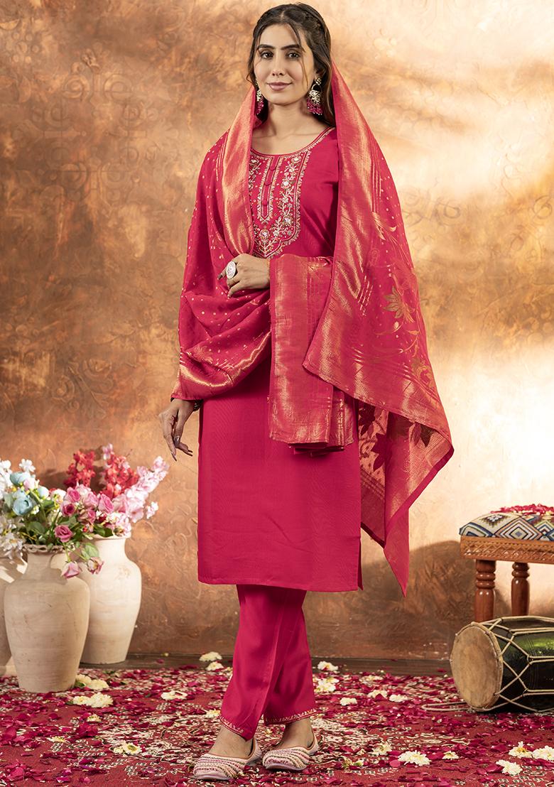 Pink Embroidered Silk Salwar Kameez Set With Dupatta - Indya