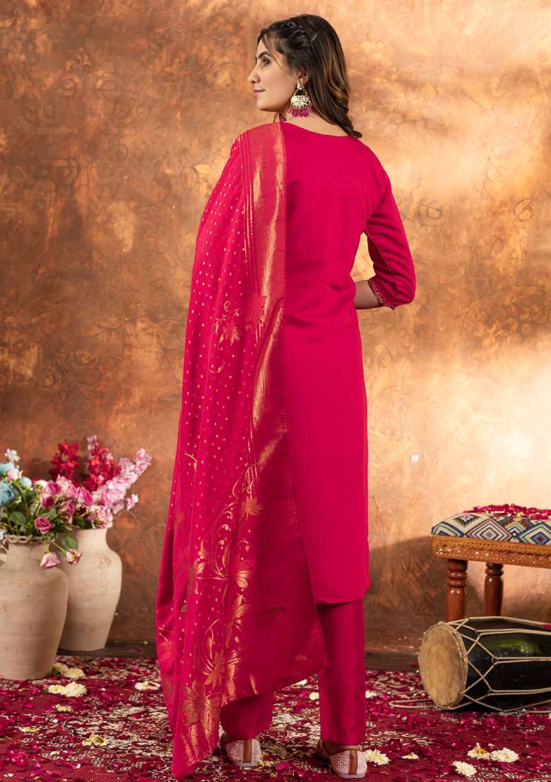 Pink Embroidered Silk Blend Straight Kurta Set - Indya