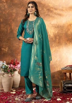 Green Embroidered Silk Salwar Kameez Set With Dupatta