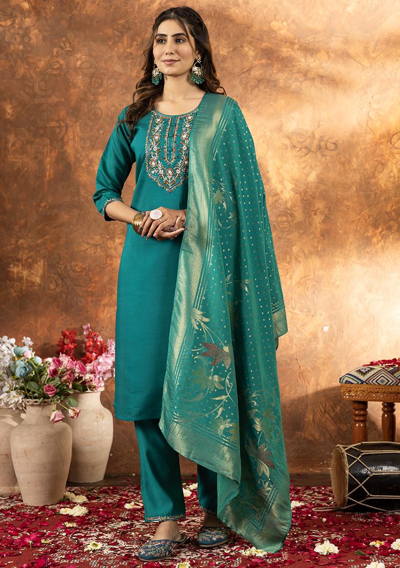 Green Embroidered Silk Salwar Kameez Set With Dupatta