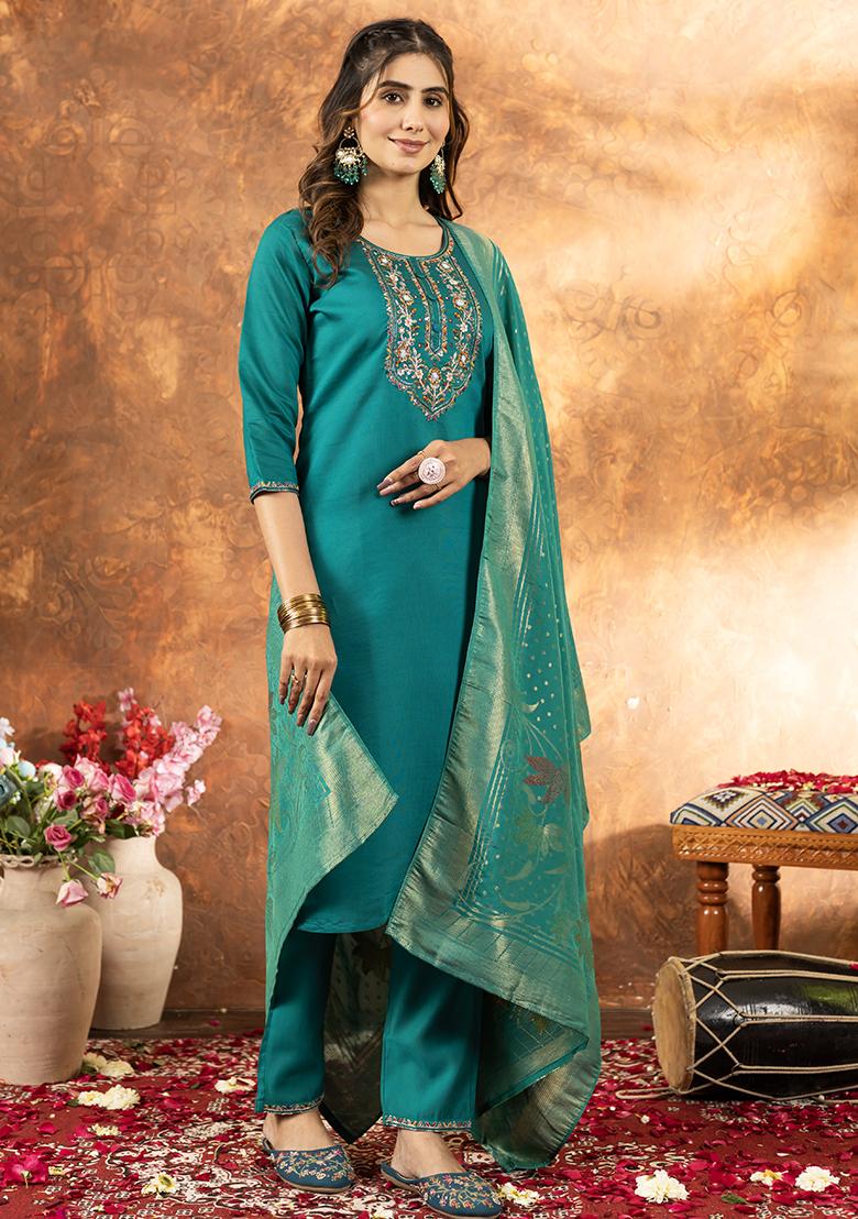 Green Embroidered Silk Salwar Kameez Set With Dupatta