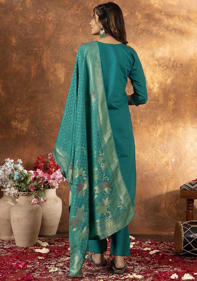 Green Embroidered Silk Salwar Kameez Set With Dupatta