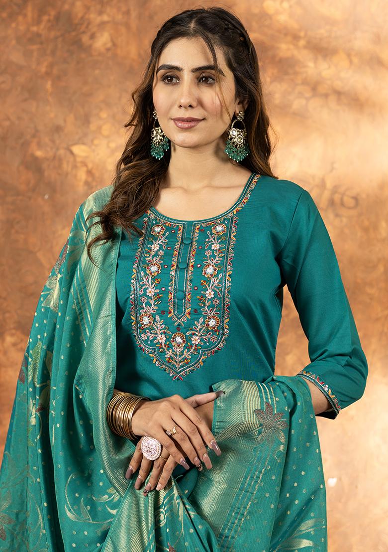 Green Embroidered Silk Salwar Kameez Set With Dupatta