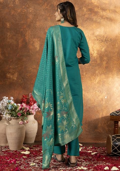 Green Embroidered Silk Salwar Kameez Set With Dupatta