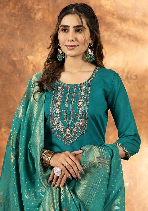 Green Embroidered Silk Salwar Kameez Set With Dupatta
