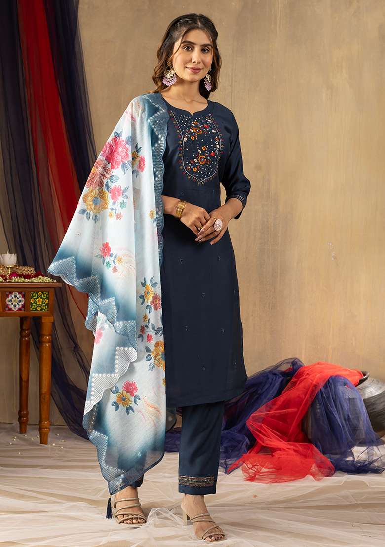 Blue Embroidered Viscose Straight Kurta Set - Indya