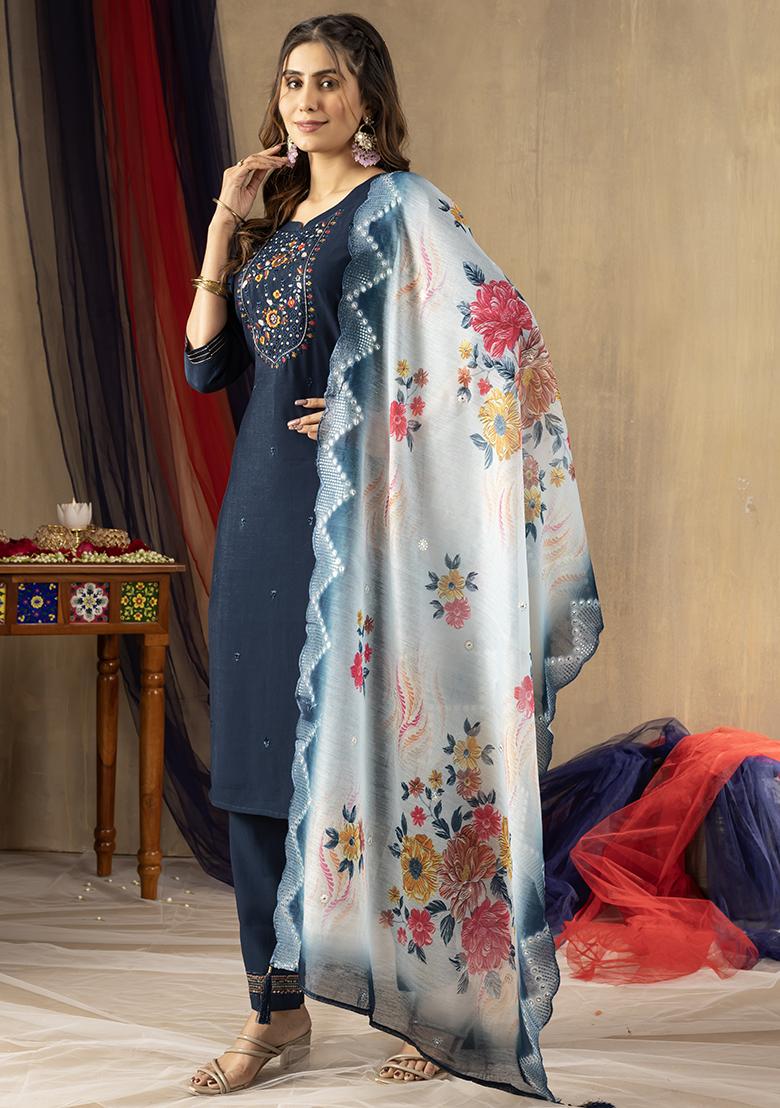 Blue Embroidered Viscose Salwar Kameez Set With Dupatta - Indya