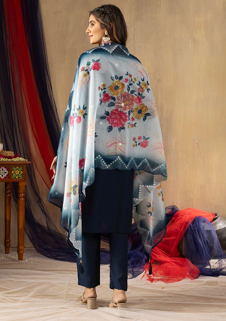 Blue Embroidered Viscose Straight Kurta Set - Indya