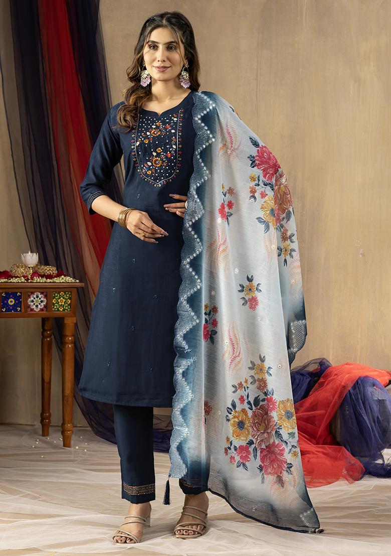 Blue Embroidered Viscose Salwar Kameez Set With Dupatta - Indya