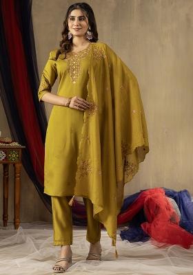 Red Embroidered Silk Salwar Kameez Set With Dupatta