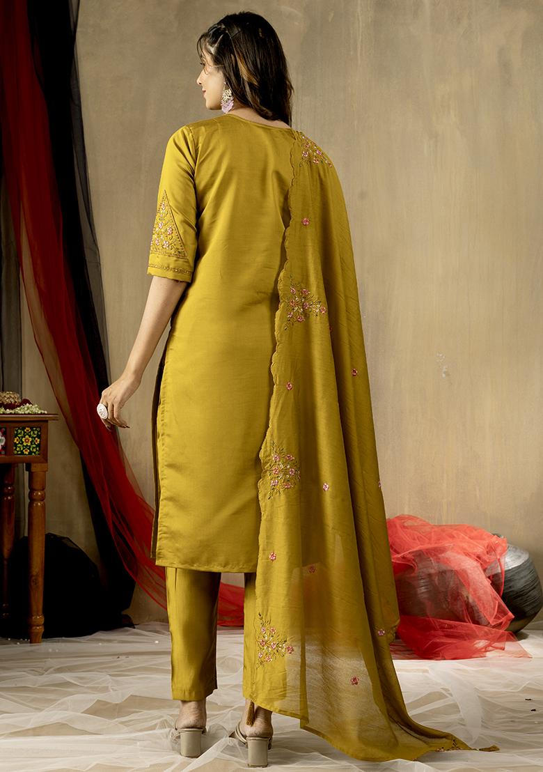 Red Embroidered Silk Salwar Kameez Set With Dupatta - Indya