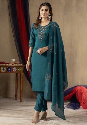 Green Embroidered Silk Salwar Kameez Set With Dupatta