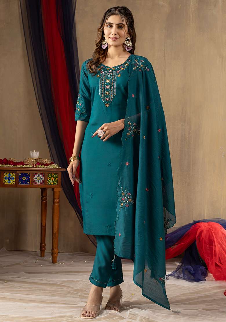 Green Embroidered Silk Salwar Kameez Set With Dupatta - Indya