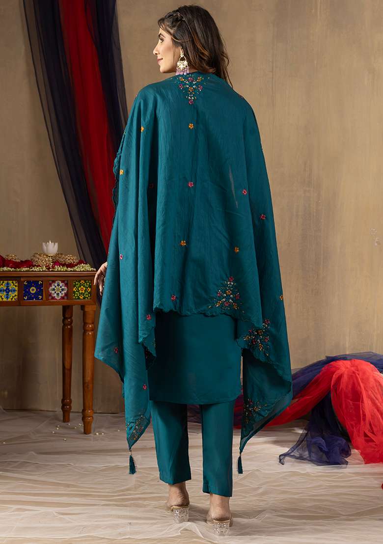 Green Embroidered Silk Salwar Kameez Set With Dupatta - Indya