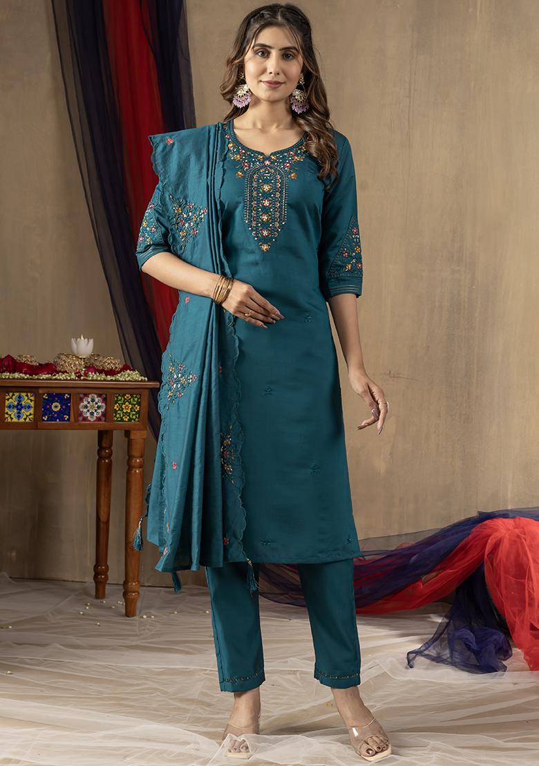 Green Embroidered Silk Salwar Kameez Set With Dupatta - Indya
