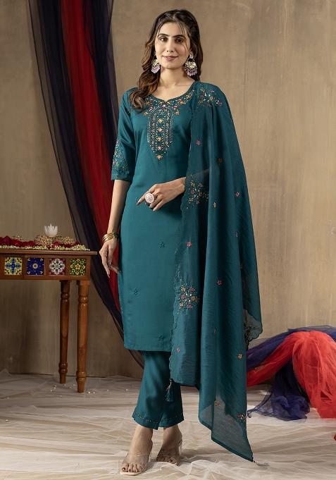 Green Embroidered Silk Salwar Kameez Set With Dupatta