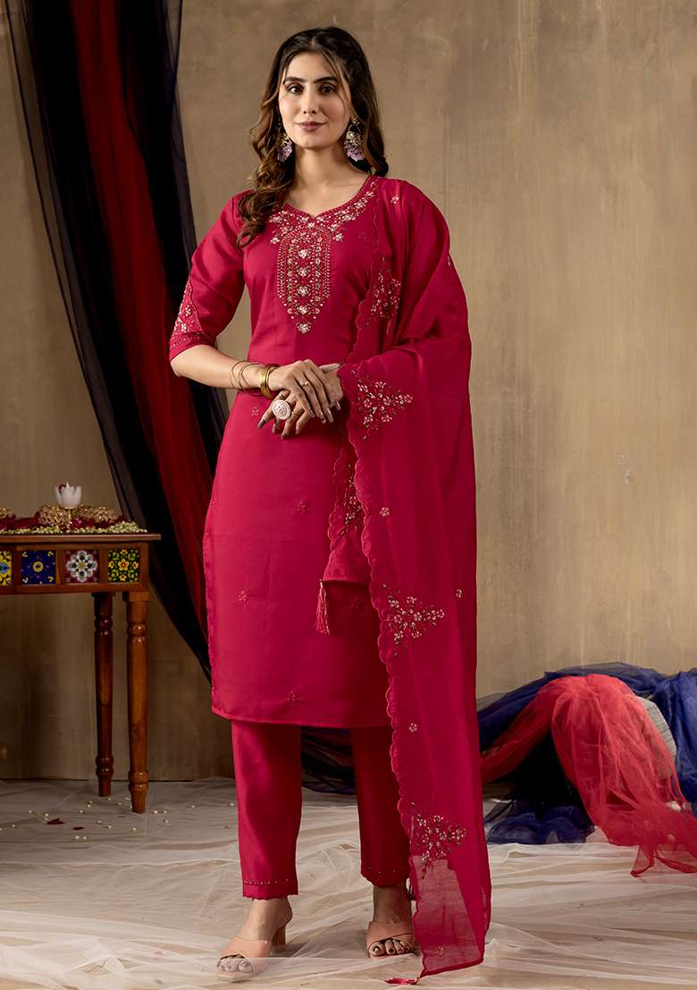 Pink Embroidered Silk Salwar Kameez Set With Dupatta - Indya