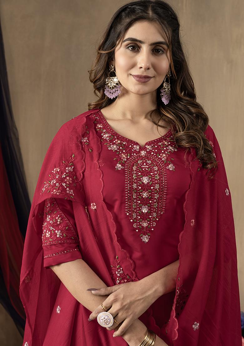 Pink Embroidered Silk Salwar Kameez Set With Dupatta - Indya