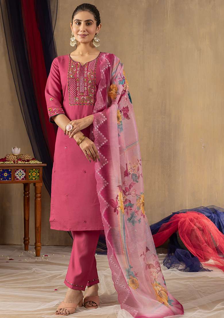 Pink Embroidered Silk Blend Straight Kurta Set - Indya