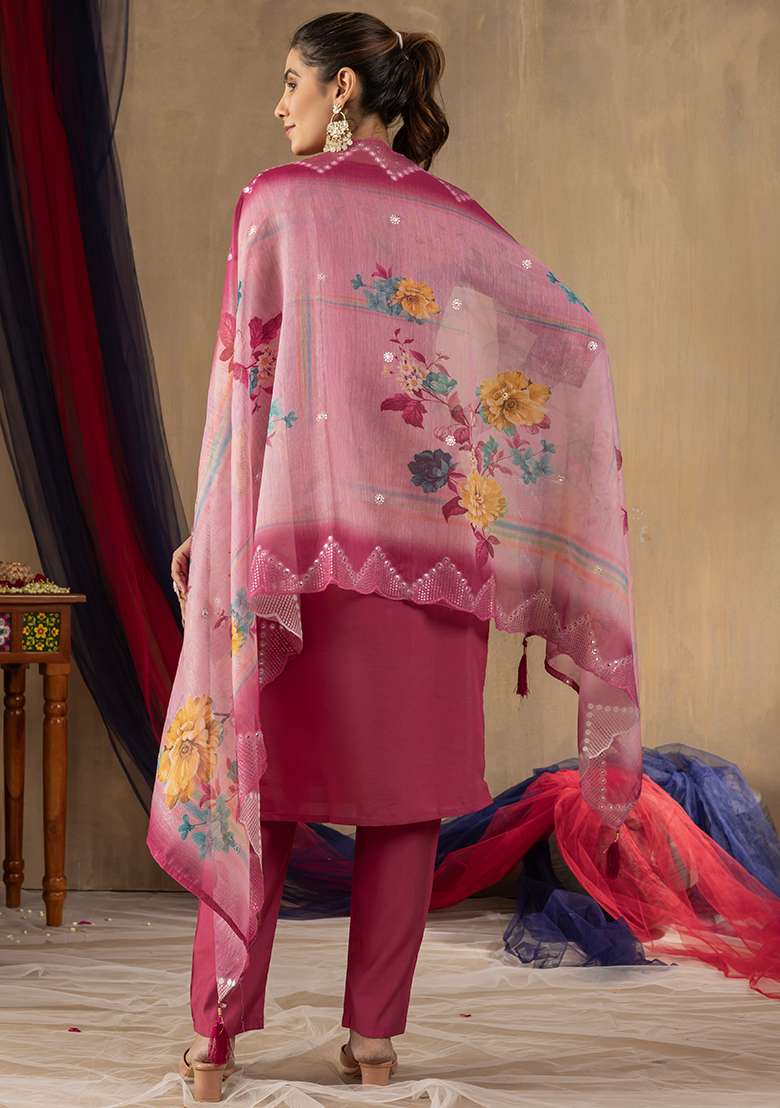 Pink Embroidered Silk Blend Straight Kurta Set - Indya