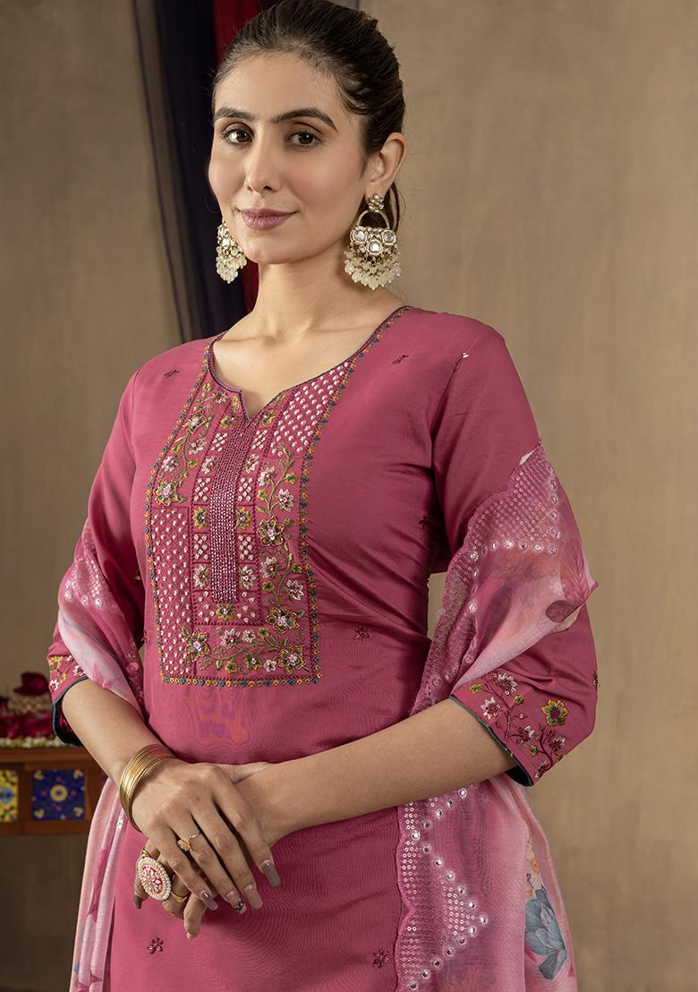 Pink Embroidered Silk Salwar Kameez Set With Dupatta - Indya