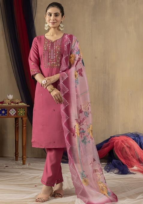 Pink Embroidered Silk Salwar Kameez Set With Dupatta
