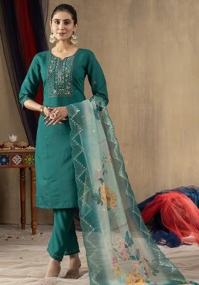 Green Embroidered Silk Salwar Kameez Set With Dupatta