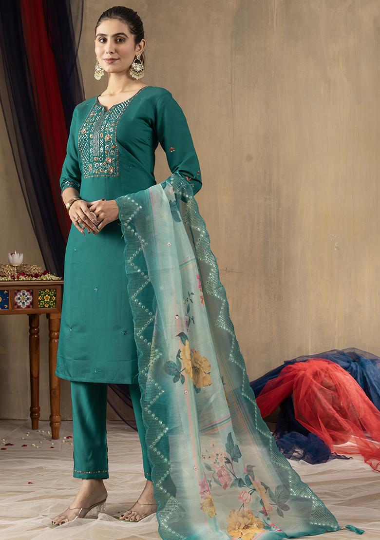 Green Embroidered Silk Salwar Kameez Set With Dupatta - Indya