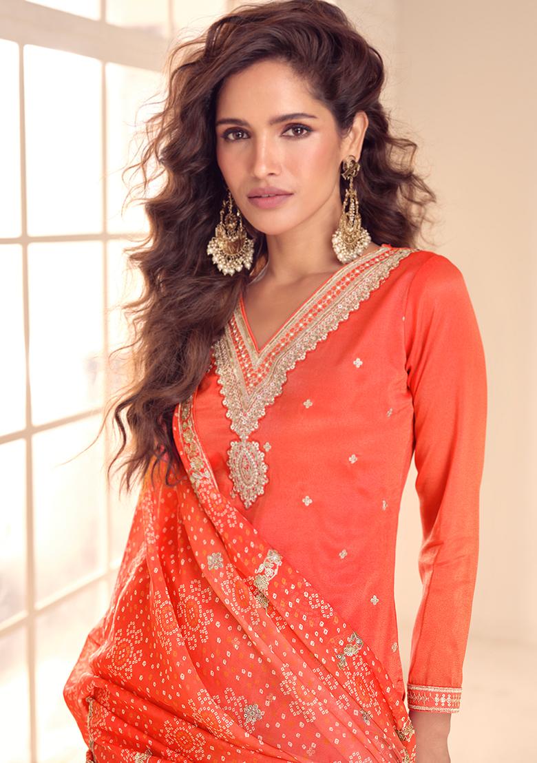 Orange Embroidered Silk Salwar Kameez - Indya