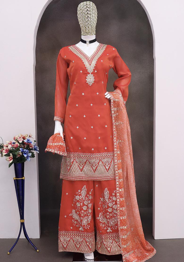 Orange Embroidered Silk Salwar Kameez - Indya