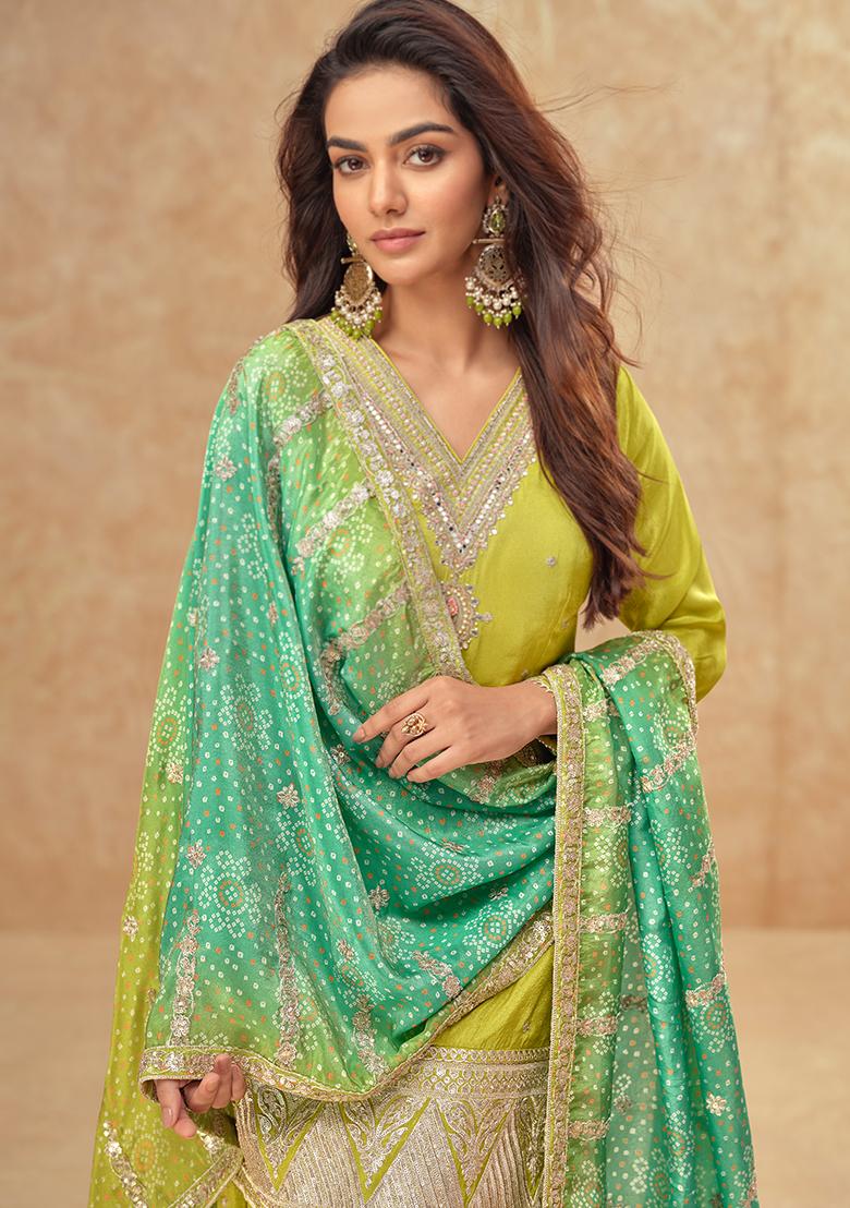 Green Embroidered Silk Salwar Kameez - Indya