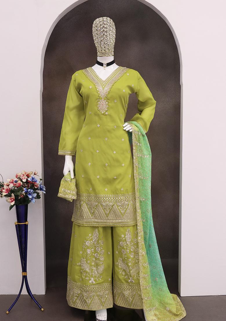 Green Embroidered Silk Salwar Kameez - Indya