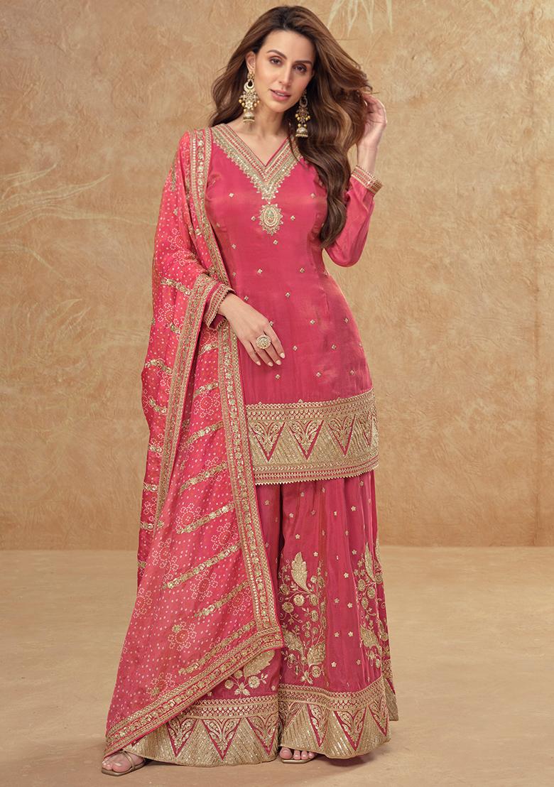 Pink Embroidered Silk Salwar Kameez - Indya