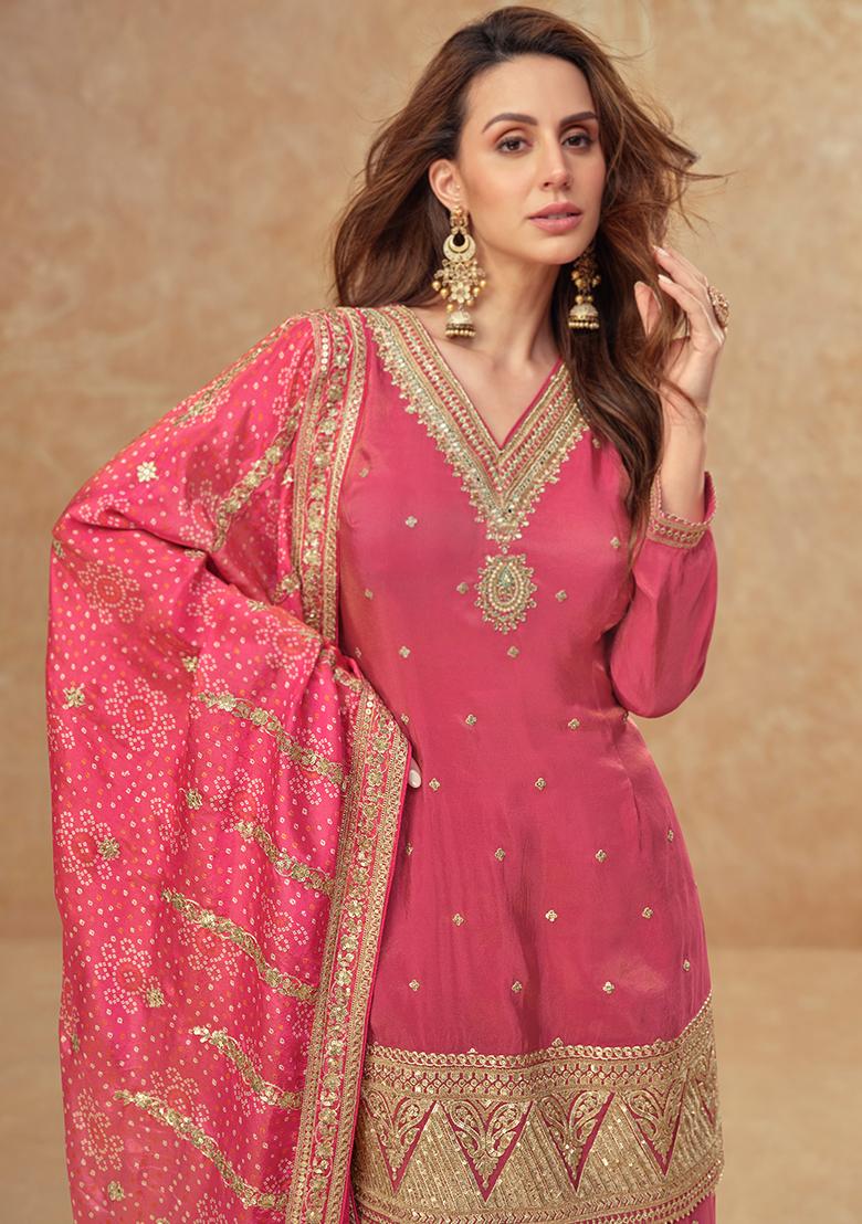 Pink Embroidered Silk Salwar Kameez - Indya