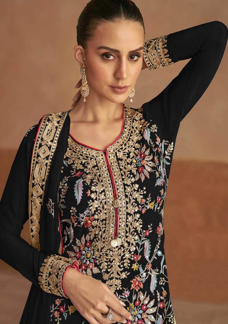 Black Embroidered Chinon Salwar Kameez - Indya