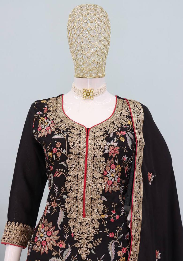 Black Embroidered Chinon Salwar Kameez - Indya