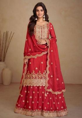 Red Embroidered Chinon Salwar Kameez